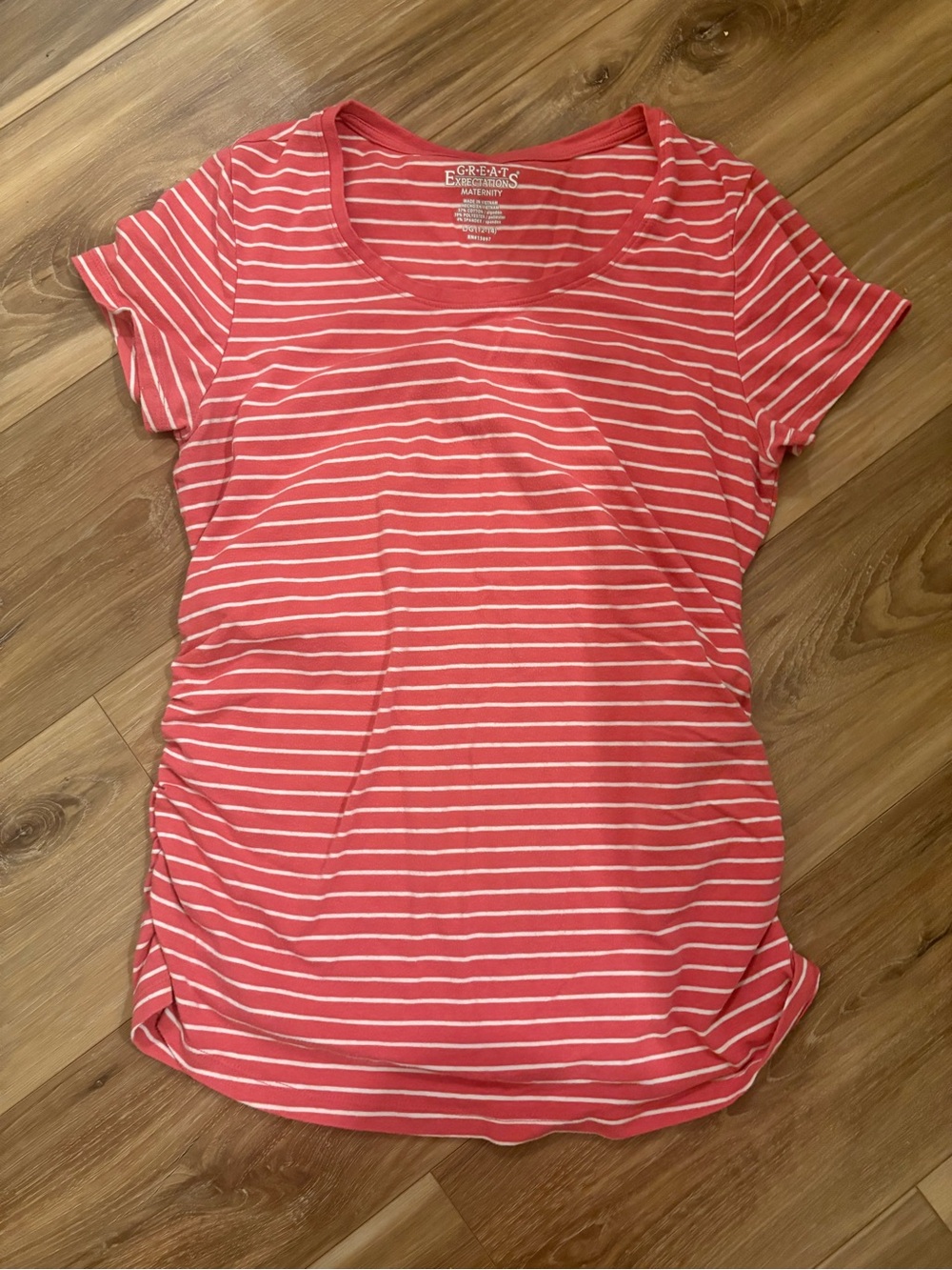 Maternity Striped Short-Sleeve Tee in Coral and White